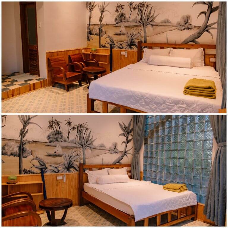 Phòng nghie tại Coco Beachcamp LaGi sử dụng nội thất làm từ gỗ chất lượng cao, trên tường được trang trí bằng những bức tranh phong cảnh 