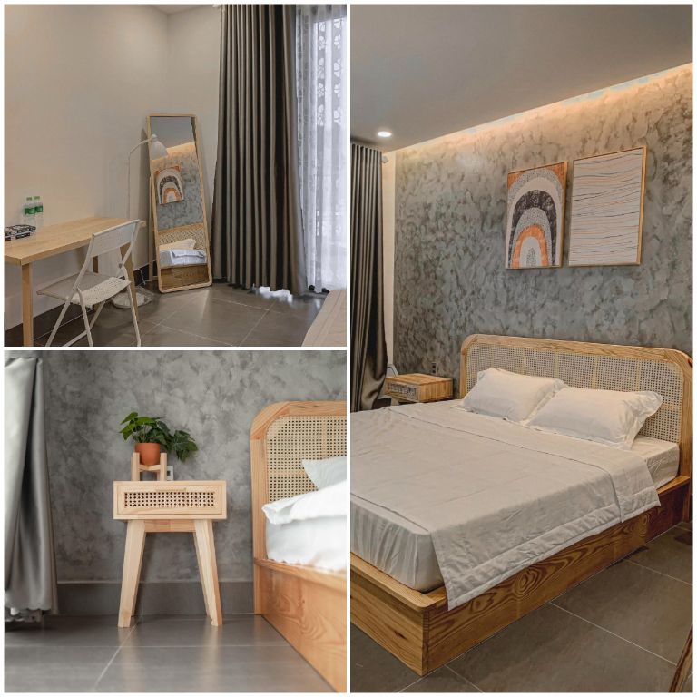Phòng ngủ tại đây được thiết kế khá tối giản, đồ dùng được làm chủ yếu bằng gỗ với cách bài trí thông minh để tối đa hóa diện tích nghỉ dưỡng 
