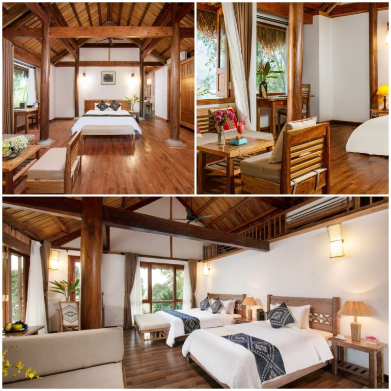 Phòng nghỉ tại Homestay Mai Châu HideAway Lake rộng rãi sạch sẽ và được trải gỗ toàn bộ sàn (nguồn: booking.com)