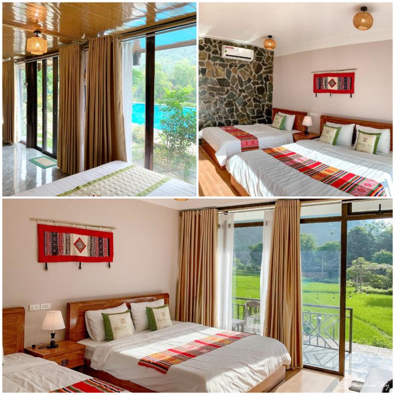 Phòng ốc Homestay Mai Chau Sky có thiết kế đơn giản với điểm nhấn hoạ tiết cổ điển màu đỏ bắt mắt (nguồn: booking.com)