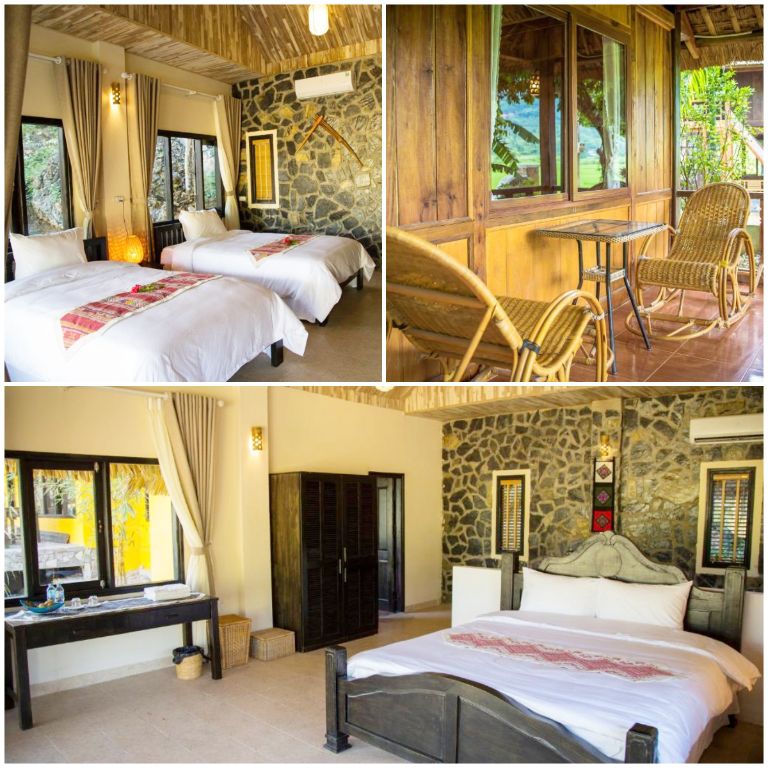 Phòng nghỉ tại Homestay Mai Chau Sunrise Village có không gian mở hướng tầm nhìn tuyệt đẹp ra vườn (nguồn: booking.com)
