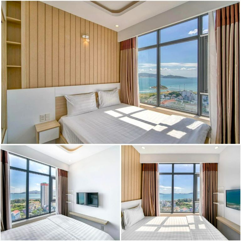 Các phòng nghỉ tại căn hộ đều có view nhìn ra bãi biển hòn Chông.