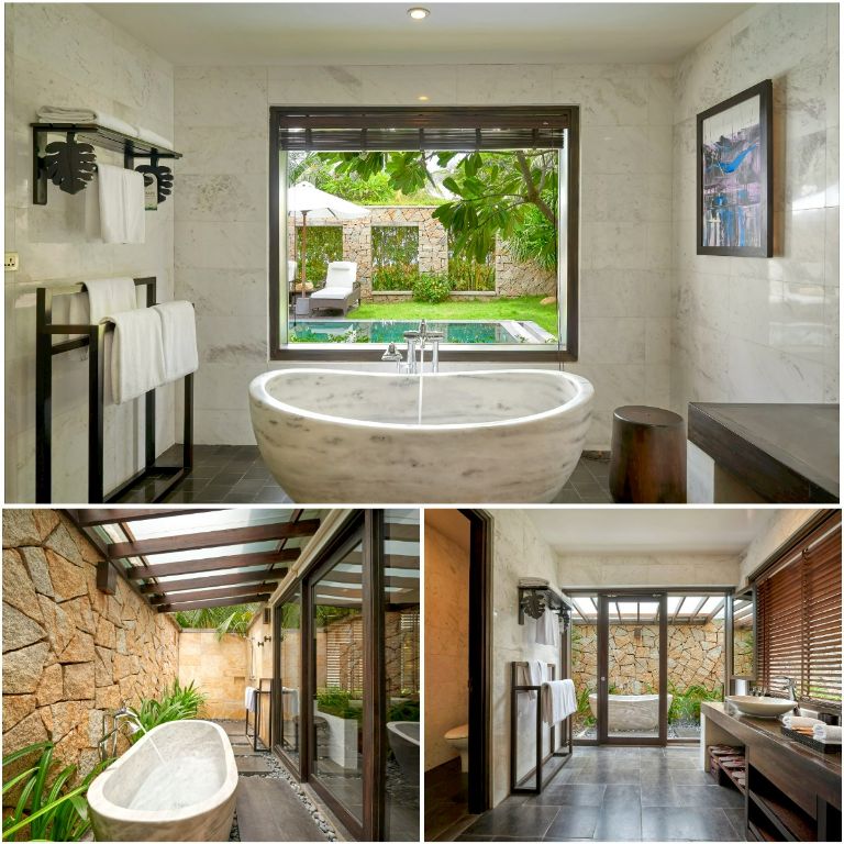 Phòng tắm của villa được thiết kế độc đáo với bồn tắm trong nhà và ngoài trời.