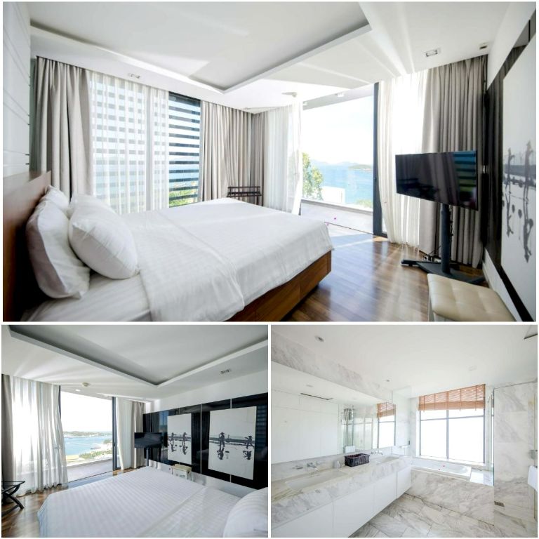 Phòng ngủ tại villa Nha Trang được trang bị giường King cỡ lớn, có view biển và ban công.