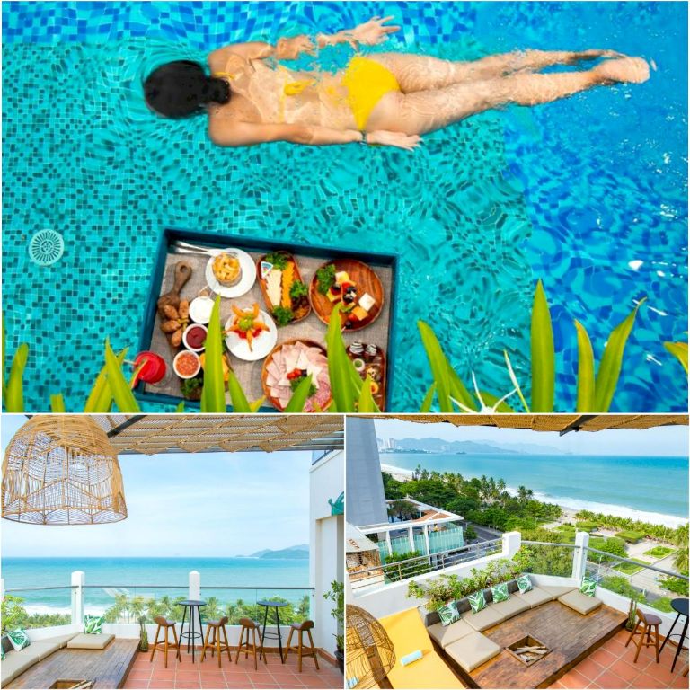 khu vực tầng thượng là nơi được yêu thích nhất tại Azura Gold Apartment homestay gần biển với bể bơi và sân hiên ngắm biển.
