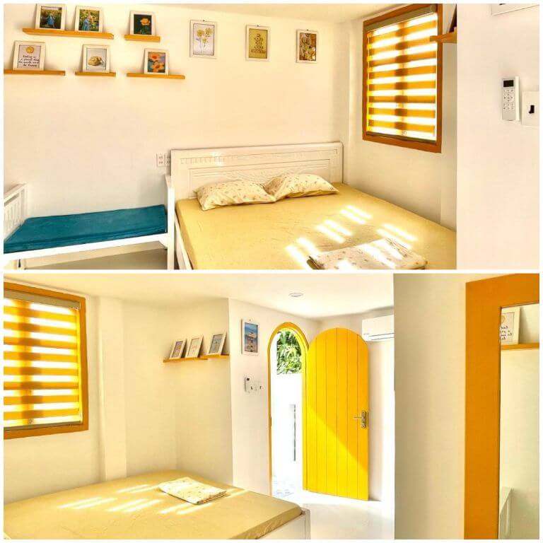 Phòng nghỉ tại Moonbeam homestay Mũi Né thiết kế theo phòng cách đơn giản sử dụng đồ decor tinh tế 