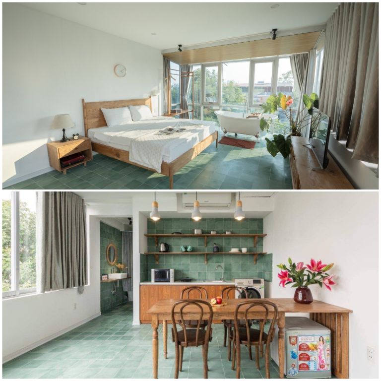 Phòng ngủ tại homestay Phố Cổ Hà Nội này được đặc biệt thiết kế theo kiểu dáng hiện đại, với tông màu tươi sáng tạo thành góc sống ảo chất lừ cho khách hàng