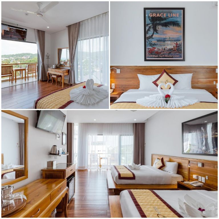 Phòng tại Caribe Villa Phú Quốc có thiết kế tối giản với tông màu gỗ nguyên bản (nguồn: facebook.com)