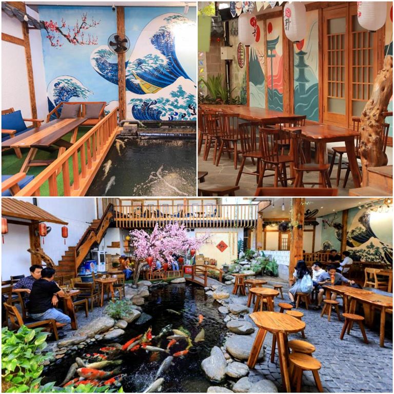 Không gian quán cà phê được thiết kế đẹp mắt, cùng hồ cá Koi nằm ngay trong khuôn viên.