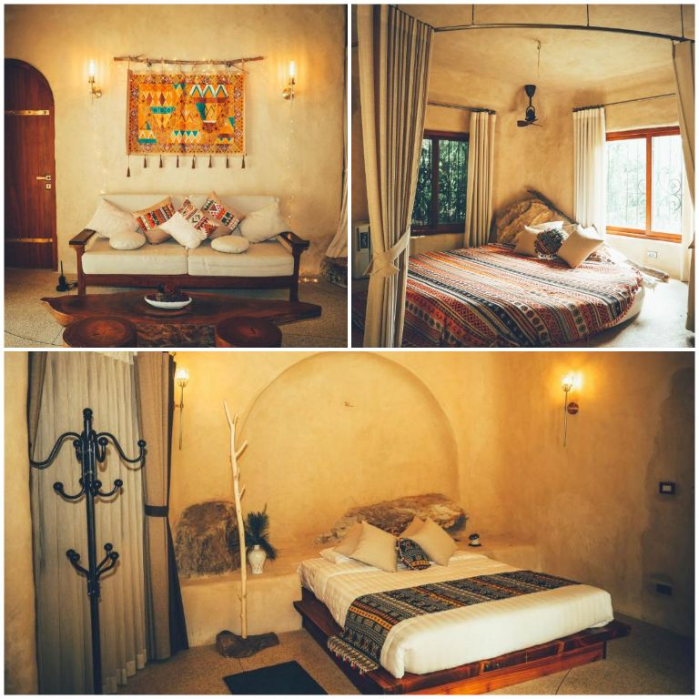 Phòng ngủ của Amaya Retreat Sóc Sơn theo lối kiến trúc vintage và sử dụng rèm bao quanh giường ngủ mang lại trải nghiệm riêng tư và rất chill