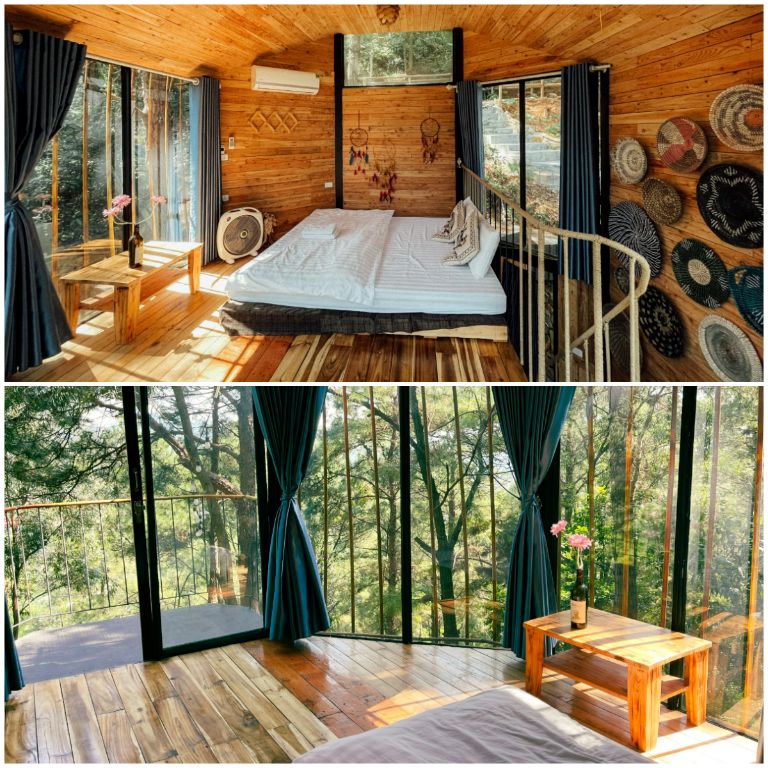 Phòng ngủ thiết kế rất nhiều cửa kính và có khu vực ban công rất rộng nên du khách sẽ có view rất đẹo hướng ra rừng thông xanh 