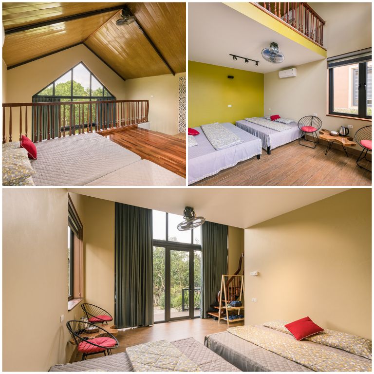 Phòng ngủ thiết kế 2 tầng mang lại không gian nghỉ ngơi mới lạ và rộng rãi cho du khách 