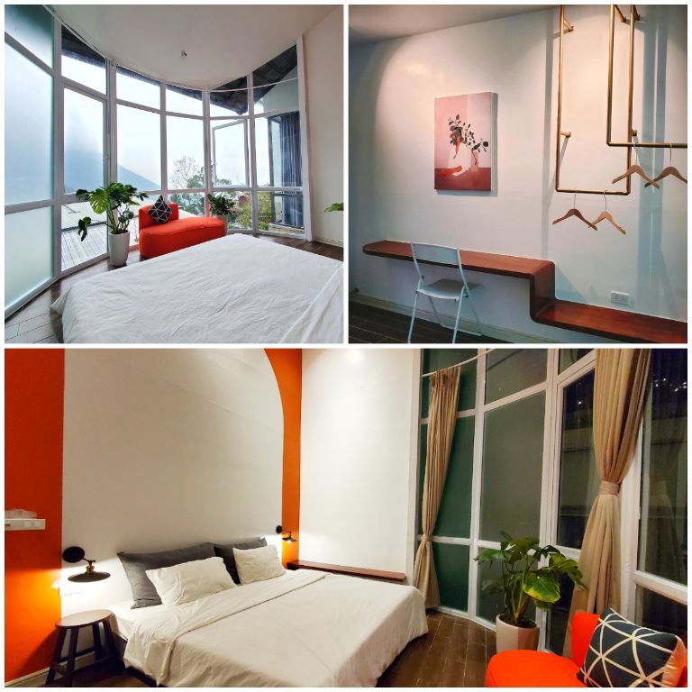 Căn phòng này của Le Vent Homestay Tam Đảo mang gam màu cam rực rỡ kết hợp với một số nội thất tối giản