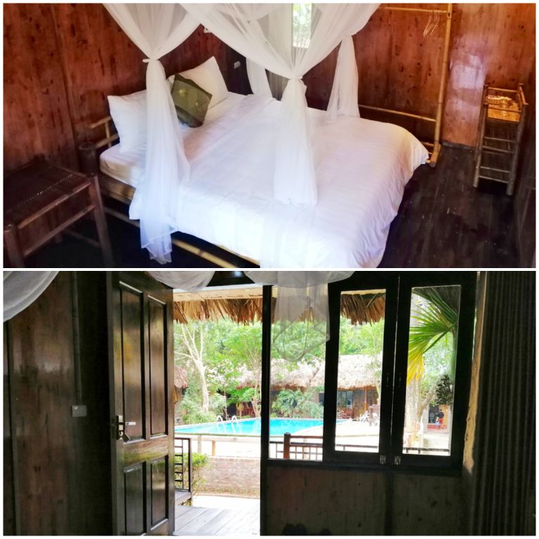 Hạng phòng riêng 1 giường đôi có cửa sổ mở hướng tầm nhìn ra trọn khu bể bơi chung (nguồn: facebook.com)