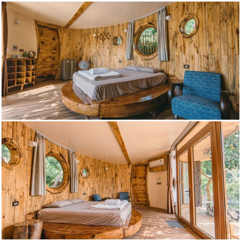 Giường ngủ gỗ hình tròn với nệm cao 5 phân sẽ mang đến cho du khách giấc ngủ ngon sau những ngày làm việc chăm chỉ 
