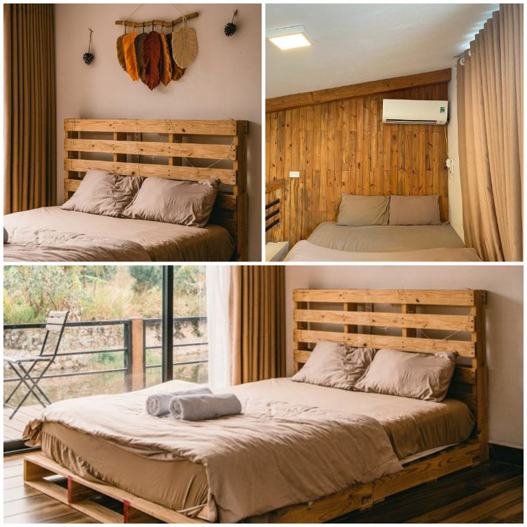 Giường ngủ pallet được kê nệm êm cao cấp giúp cho giấc ngủ của du khách thoải mái hơn 