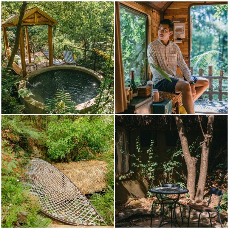 Bạn có thể thư giãn hơn khi nghỉ ngơi tại Thùng Sắt với hồ ngâm nước nóng, lưới võng và bàn trà ngoài trời dưới tán cây thông