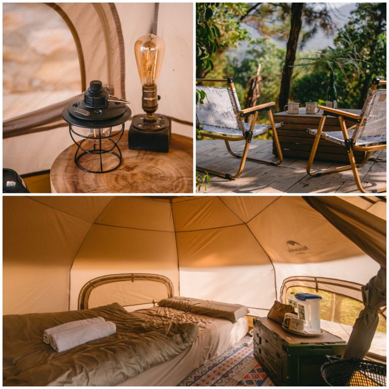 Không gian ngủ bên trong được chuẩn bị đầy đủ các đồ dùng từ quạt, vợt bắt muỗi, nước uống và đèn điện cho du khách 