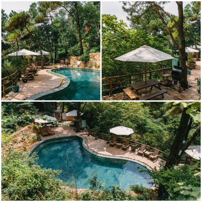 Quán Thông Reo với khu bể bơi lớn hình hạt đậu được phụ vụ hoàn toàn miễn phí cho du khách 