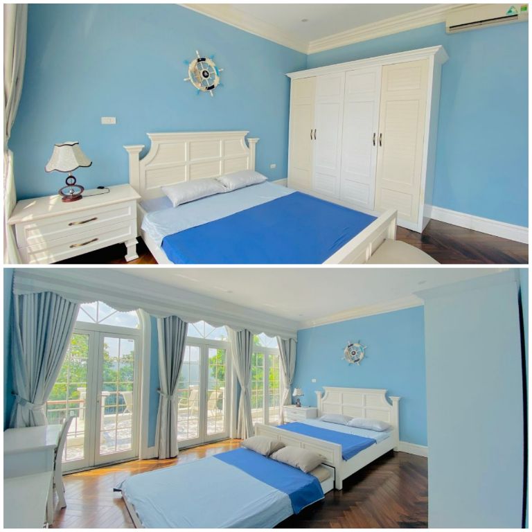 Phòng ngủ được kết hợp màu xanh và màu trắng mang lại cảm giác mát mẻ và thư giãn 