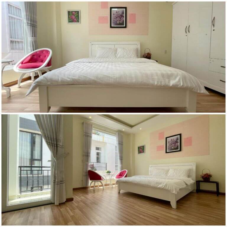 Phòng tiêu chuẩn dành cho cặp đôi trang trí màu trắng hồng kết hợp với tinh dầu hoa hồng đem lại không gian lãng mạn 