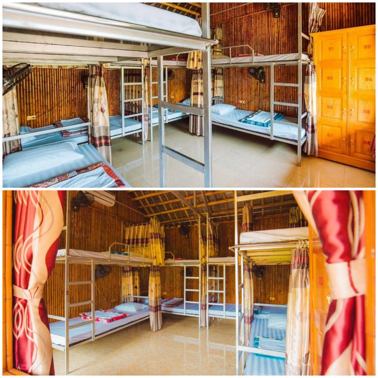 Phòng tập thể được bố trí các giường tầng, đem đến sự thoải mái và tiện nghi cho du khách. (Nguồn: Internet) 