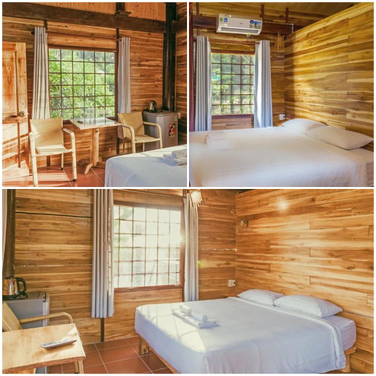 Phòng giường đôi tiêu chuẩn được thiết kế tối giản với nội thất chủ yếu bằng gỗ, nứa (nguồn: facebook.com)