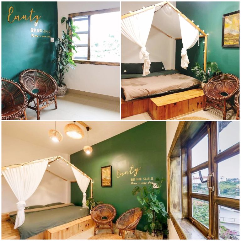 Phòng đơn tại Homestay Yên's Home Đà Lạt thiết kế tối giản với nội thất chủ yếu bằng gỗ, tre nứa (nguồn: facebook.com)