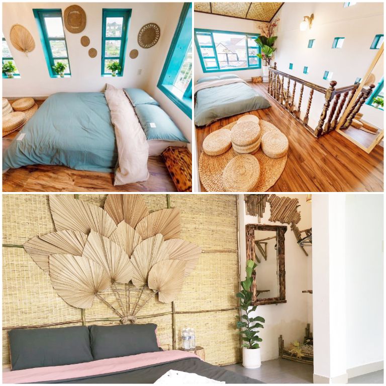 Phòng giường đôi Yên's Home Đà Lạt nổi bật với hình ảnh quạt đan mây bình dị (nguồn: facebook.com)