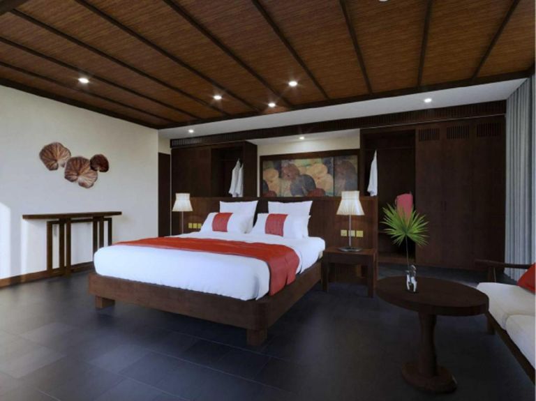 Hạng phòng ngủ của căn biệt thự này được thi công toàn bộ bằng gỗ nâu đen và sử dụng sơn tông màu trắng mang đến sự kết hợp hài hòa và ấm áp cho du khách nghỉ ngơi. 