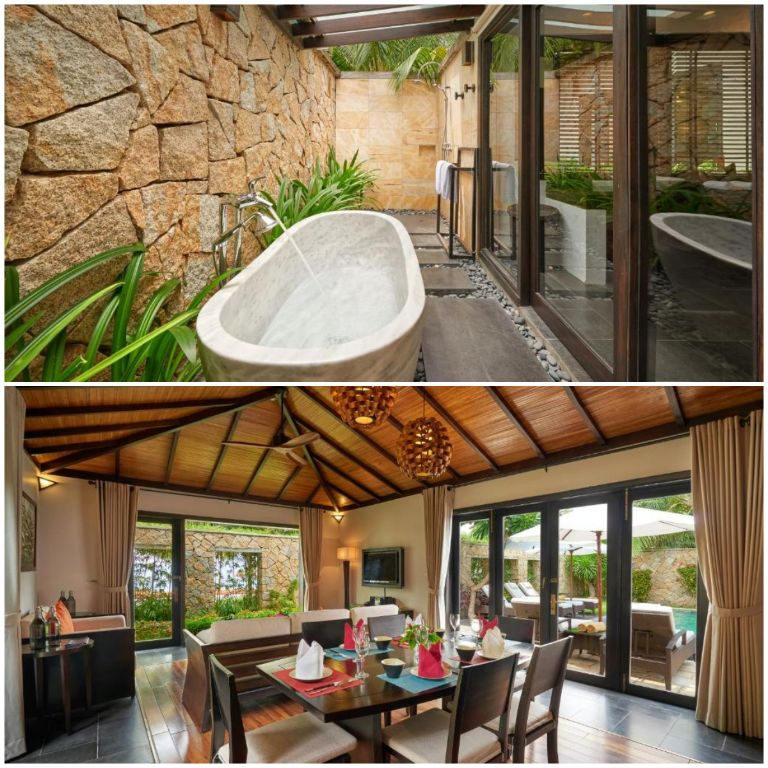 Khu vực sân hiên nhỏ của căn biệt thự 3 ngủ của Amiana Resort được trang bị 1 bồn tắm sứ nằm với view hướng ra phong cảnh thiên nhiên mát mắt. 