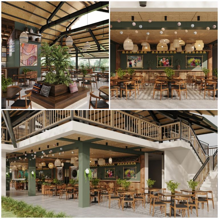 Ngay bên cạnh khu nhà sàn là khu vực nhà hàng quán cafe và nhà ăn có thiết kế rất hiện đại mang đến cho du khách không gian nghỉ sang trọng 