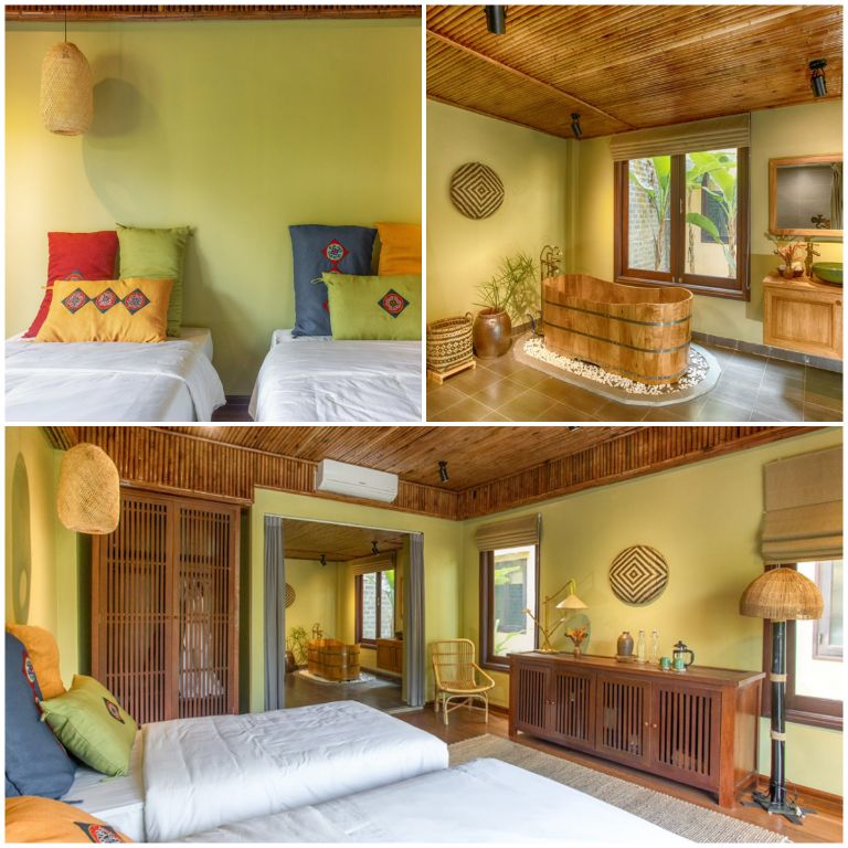 Phòng ngủ của homestay nổi bật với thiết kế vintage và rất thư giãn với 2 màu chủ đạo xanh pastel và nâu gỗ