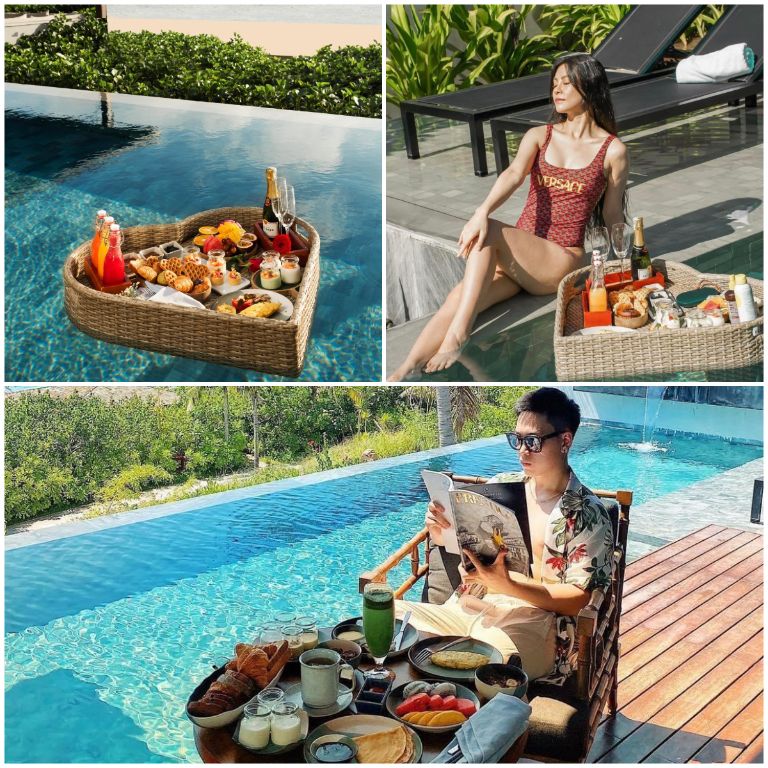 Bữa sáng khay nổi sang chảnh trên hồ bơi được bày trí kì công cho du khách sống ảo (nguồn: facebook.com)