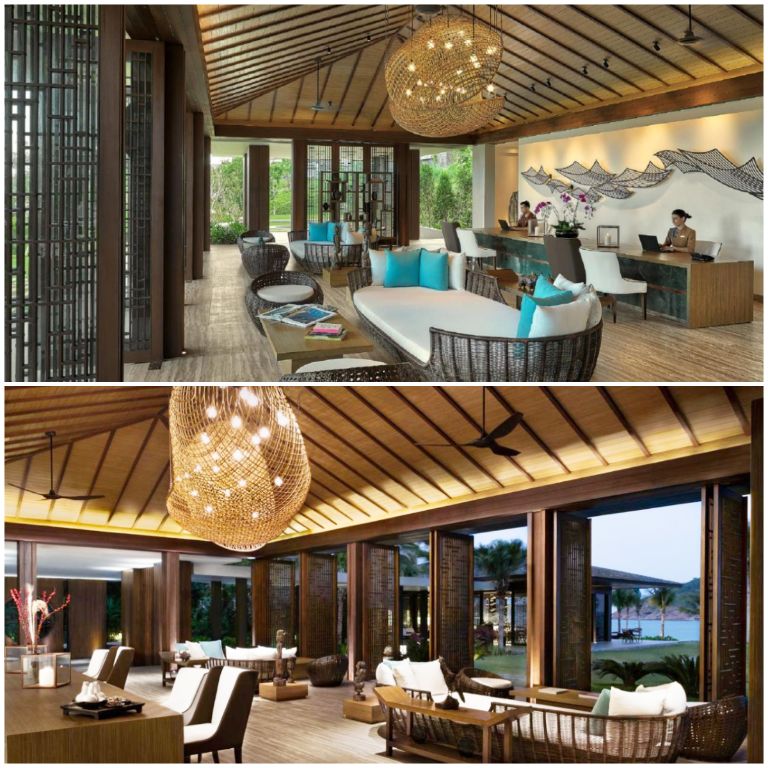 Khu vực sảnh tiếp tân Anantara Resort Quy Nhơn thiết kế sang trọng với gam màu nâu ấm (nguồn: booking.com)