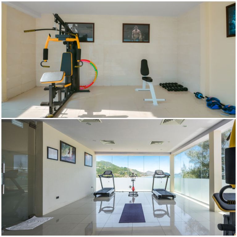 Khu vực phòng gym vô cùng hiện đại, có đủ máy chạy bộ, máy đạp chân, tạ tập...