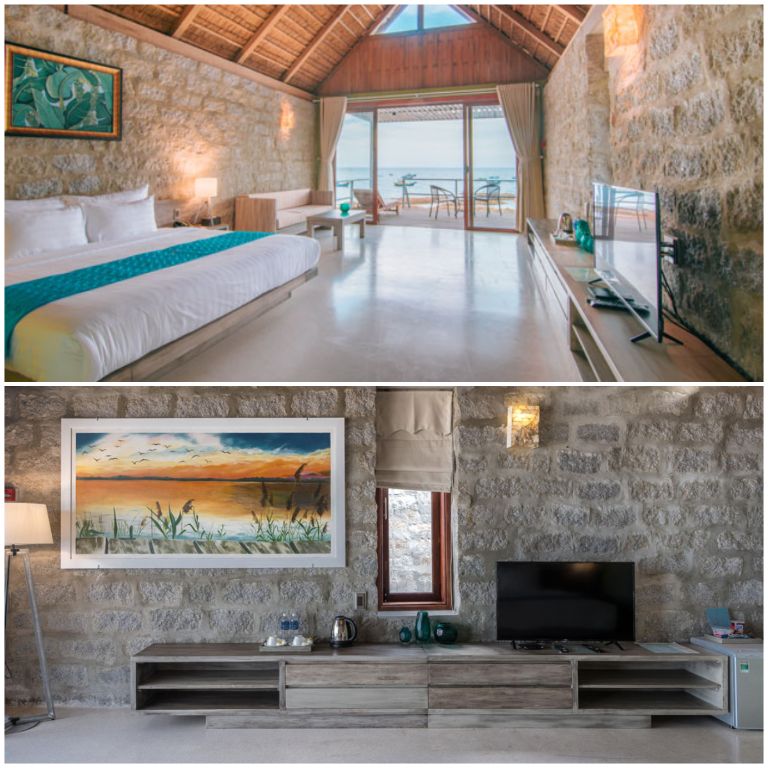 Lấy cảm hứng từ các bộ lạc nguyên thủy, Casa Marina Resort mang tới thiết kế phòng nghỉ theo phong cách truyền thống với tường đá, mái tre.