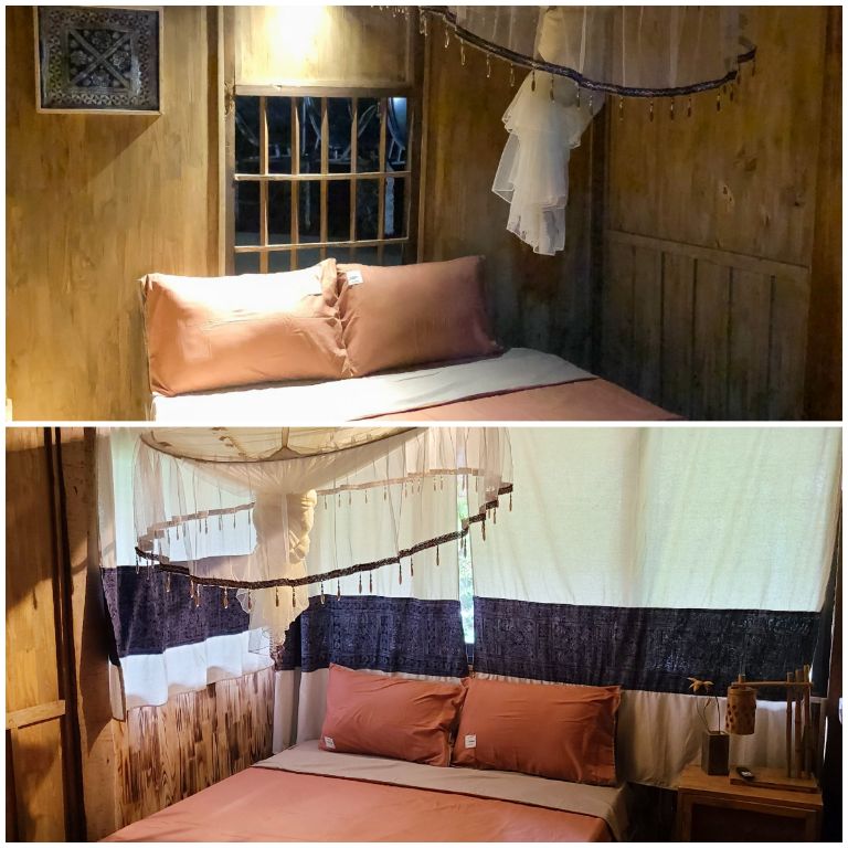 Các phòng nghỉ tại Cheers Du Già Homestay được trang bị hệ thống rèm cửa với họa tiết thổ cẩm độc đáo, được lựa chọn kỹ lưỡng