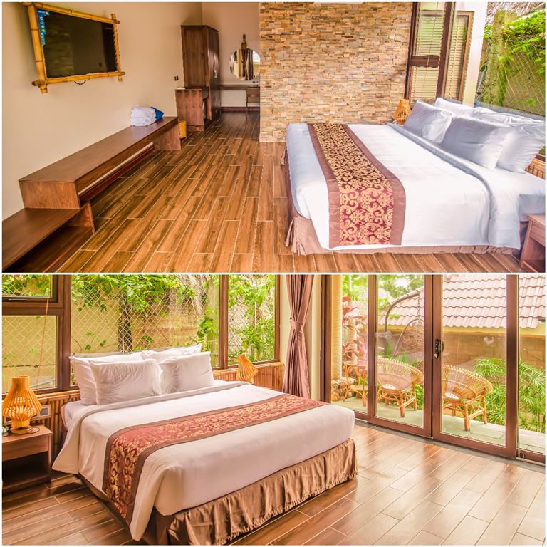 Phòng bungalow có thiết kế đơn giản, thân thiên với môi trường, trong phòng có bồn tắm và bẻ sục jacuzzi. 