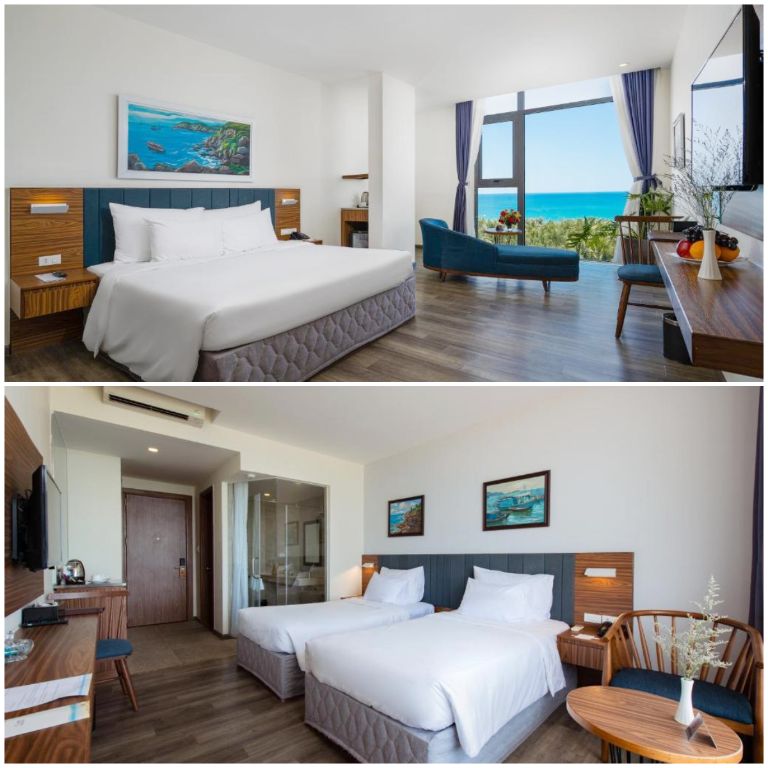 Phòng nghỉ Sala Tuy Hoa Beach Resort có thiết kế hiện đại với gam màu xanh kết hợp nâu be (nguồn: booking.com)