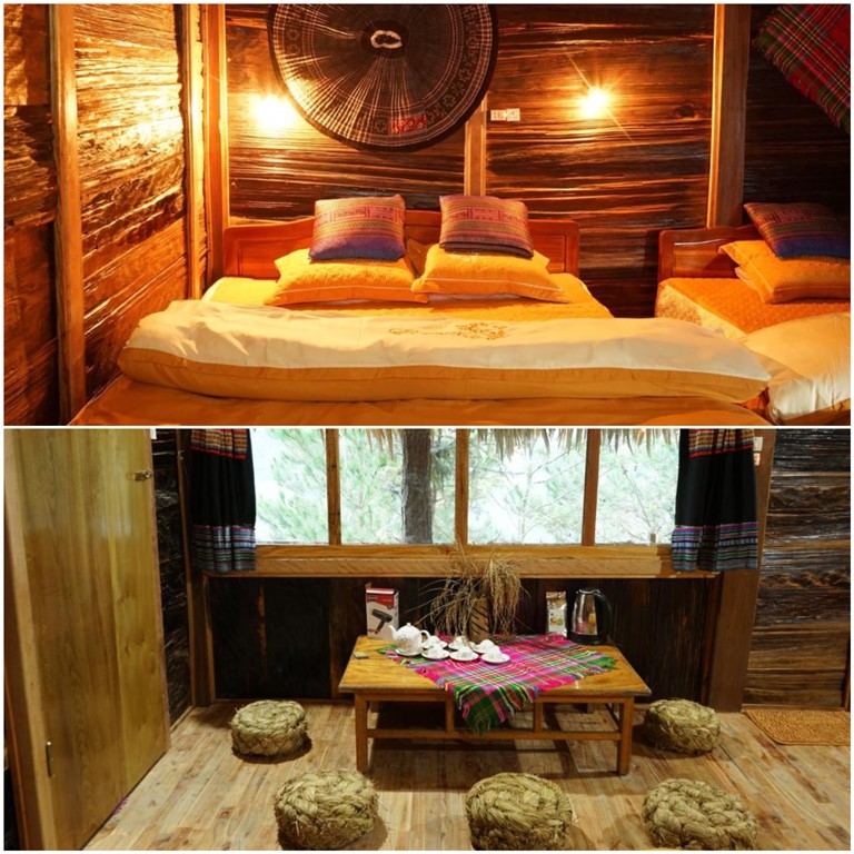 Các phòng nghỉ của homestay Mù Cang Chải này được thiết kế theo phong cách cổ điển với nhiều nguyên liệu thiên nhiên. 