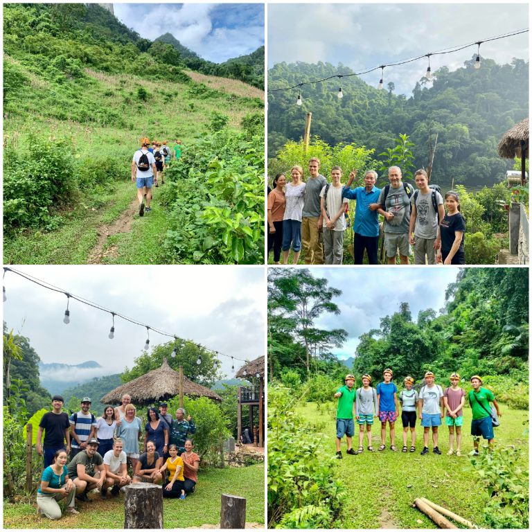 Du khách check in tại khu vực sân vườn của homestay Bắc Kạn và tham gia các tour trekking 