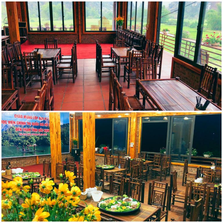 Du khách có thể lựa chọn sử dụng dịch vụ ăn uống được phục vụ ngay tại nhà hàng trong khuôn viên của homestay Bắc Kạn