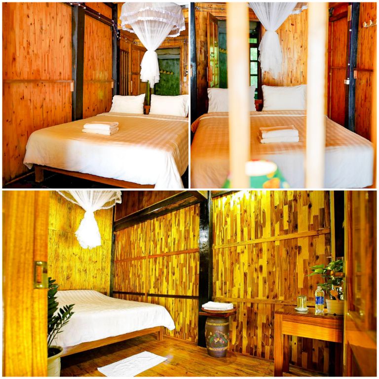Các phòng ngủ tại Mr Linh Homestay Bắc Kạn được trần gỗ nâu đen 100% kết hợp với vật dụng màu trắng mang đến sự hài hòa