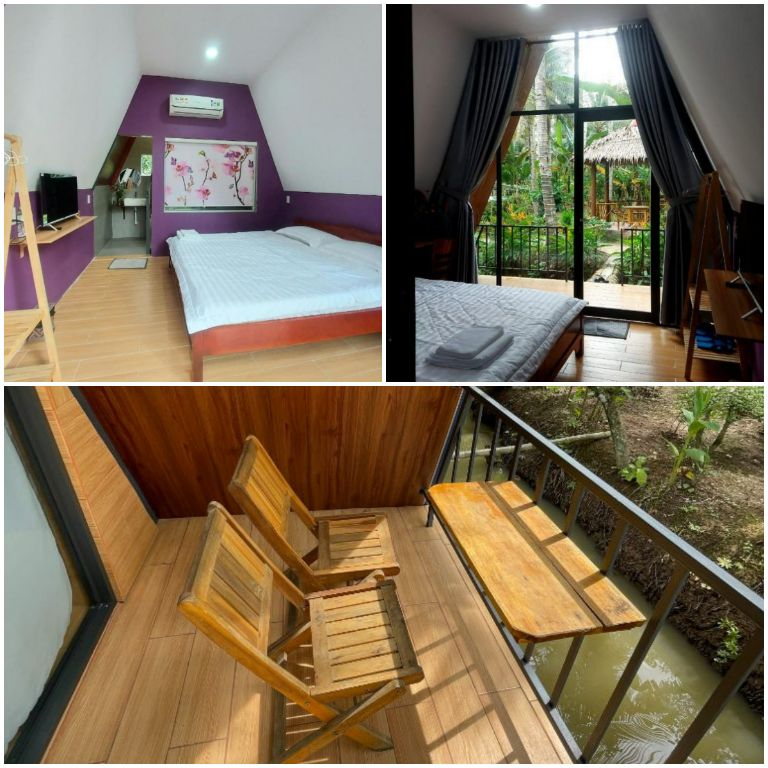 Từng bungalow được trang bị một giường đôi cỡ lớn, có ban công hướng vườn. (nguồn: booking.com)