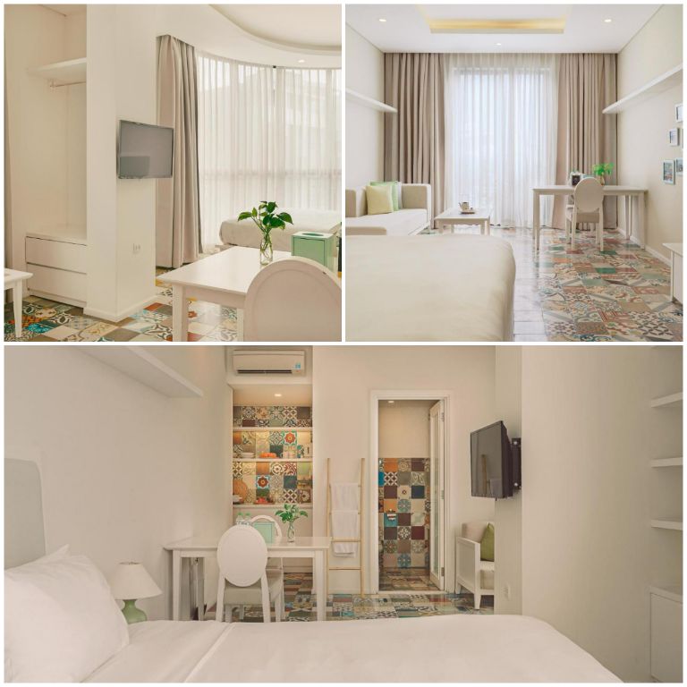 Phòng ngủ có tông màu chủ đạo là màu trắng mang lại một không gian nghỉ ngơi tinh tế và rộng rãi (Nguồn ảnh: Booking.com)