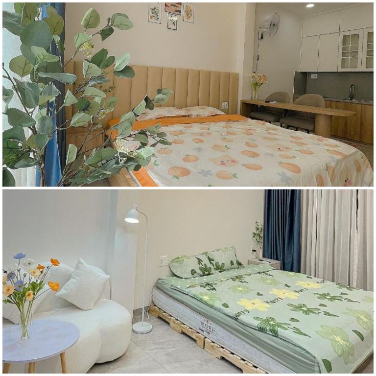 Không gian phòng ngủ được sử dụng rất đa dạng màu sắc sáng như xanh, cam và vàng mang đến một môi trường nghỉ ngơi vui tươi và trong sáng (Nguồn ảnh: Booking.com)