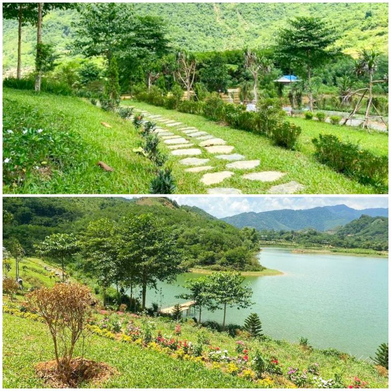 Homestay Đà Bắc có khuôn viên cực kì đẹp với vườn cây xanh mát và hồ nước trong veo, mang đến không gian sống trong lành và mát mẻ. (Nguồn: Internet)