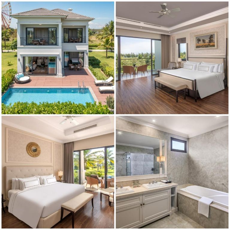 Villa 3 phòng ngủ có thiết kế nhà biệt thự 2 tầng hiện đại với ban công riêng nhìn ra hồ bơi và khu vườn xanh mát. (Nguồn: Internet)