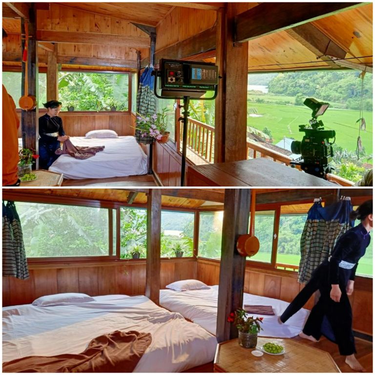 Phòng ngủ có cửa kính với view hướng ra hồ Ba Bể để du khách có thể ngắm cảnh đẹp của non sông